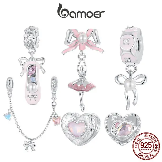 Bamoer 925 Prata Esterlina Charme Feminino Coração Ballet Cisne Arco Pingente Para Pulseira Presentes