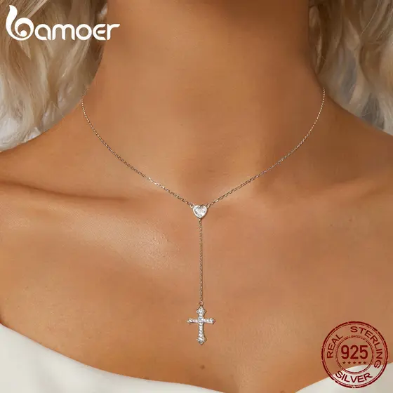 Bamoer 925 Sterling Sliver Necklace De Fita Cruzada Jóias Em Forma De Corrente Presentes Para Mulheres