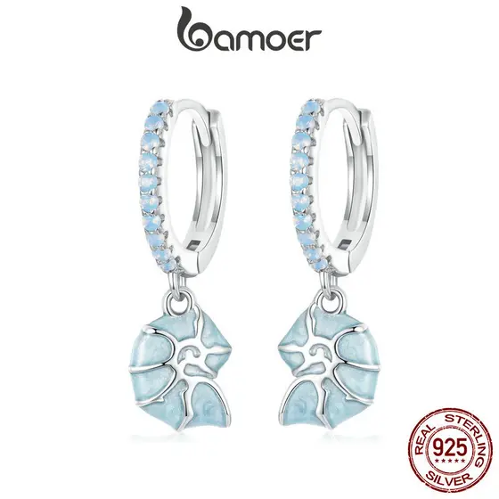 Brincos Bamoer 925 Sterling Sliver Hoop Blue Seashell Design Jóias De Ocasião Diária Presentes Para Mulheres