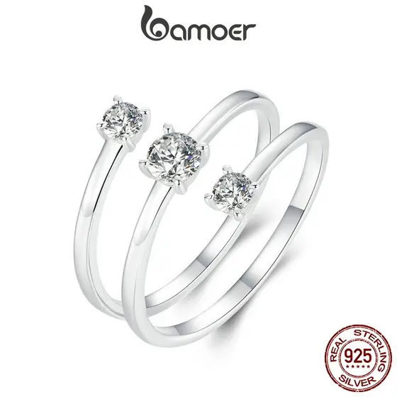 Bamoer 925 Sterling Sliver Ring Minimalista De Dupla Camada De Jóias De Moda Brilhantes Para Mulheres
