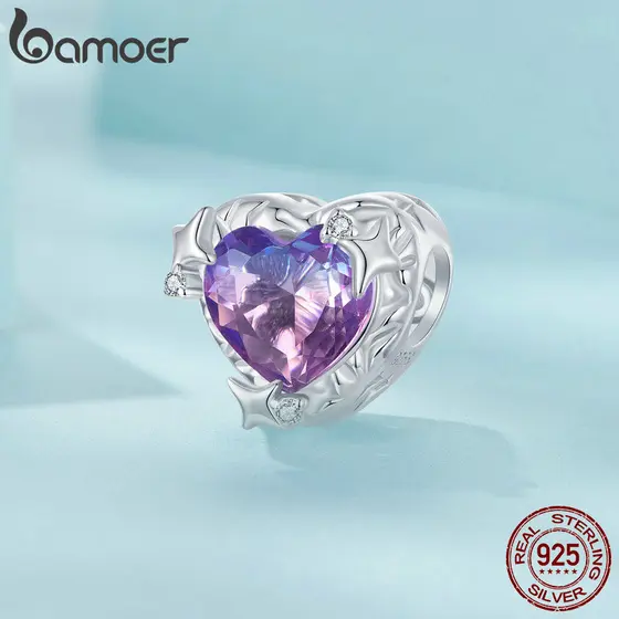 Bamoer 925 Sterling Sliver Charme Gradiente De Fita Coração Rosa-Púrpura Acessórios Para Pulseira