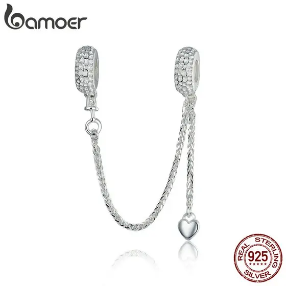 Bamoer 925 Prata Esterlina Corrente De Segurança Amor Coração Encantos Rolha Pingente DIY Para Pulseiras Jóias SCC1112