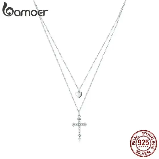 Bamoer Cruz Com Colar De Coração Para As Mulheres 925 Sterling Silver Limpar Cubic Zircon Cadeia Colar Moda Jóias Bsn197