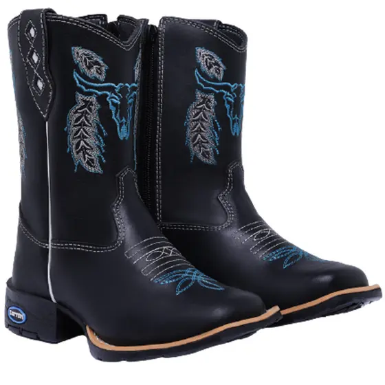 Bota Texana Menino Infantil Country Cowboy Em Couro Com Zíper Bordada Sola Bico Quadrado