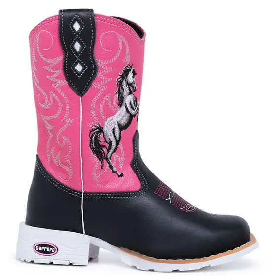 Bota Infantil Feminina Texana Carrero Bordada Cavalos Sola Branca Bico Quadrado