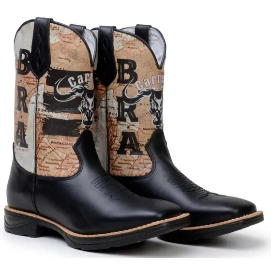 Bota Texana Masculina Sola Jump Bico Quadrado Couro cano longo