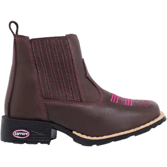 Bota Botina em Couro Moda Country Kids para meninas bico quadrado Cano Curto
