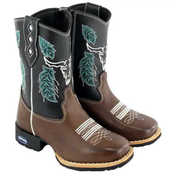 Bota Botina Menino Infantil Texana Country Bordada Boi Com Zíper Bico Quadrado