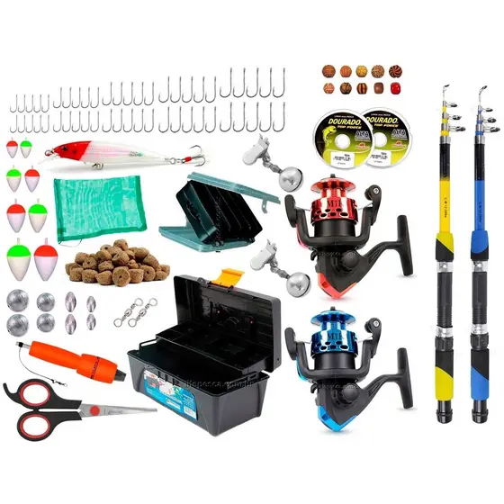 Conjunto De Pesca C/ 2 Varas Telescópica 2 Molinetes + Caixa de Pesca e Acessórios (Ref. 14)