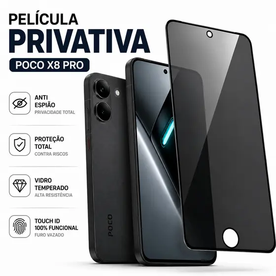 Película POCO X8 Pro Privacidade Anti Spy Vidro Temperado Proteção de Tela com Furo Touch ID