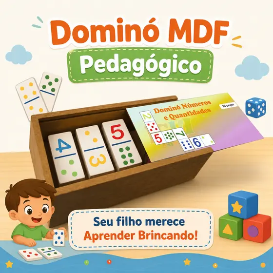 Dominó Educativo Infantil MDF 28 Peças Brinquedo Pedagógico Montessori para Desenvolvimento