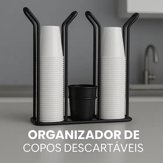 Organizador Porta Copos Descartáveis Preto Café Água 80ml 200ml + Suporte para Colheres