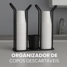 Organizador Porta Copos Descartáveis Preto Café Água 80ml 200ml + Suporte para Colheres