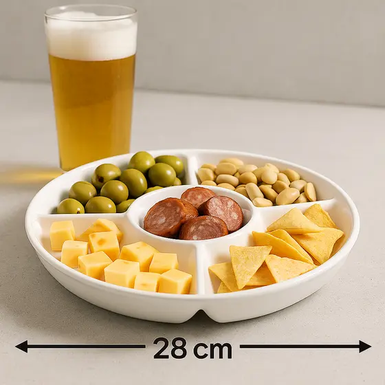 Petisqueira 5 Divisórias Grande 28cm Plástico - Prato para Servir Frios e Petiscos