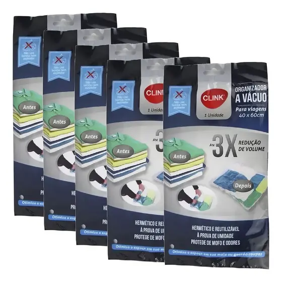 Kit 5 Sacos a Vácuo 40x60cm para Roupas Viagem Guarda Roupas e Nao Precisa de Bomba