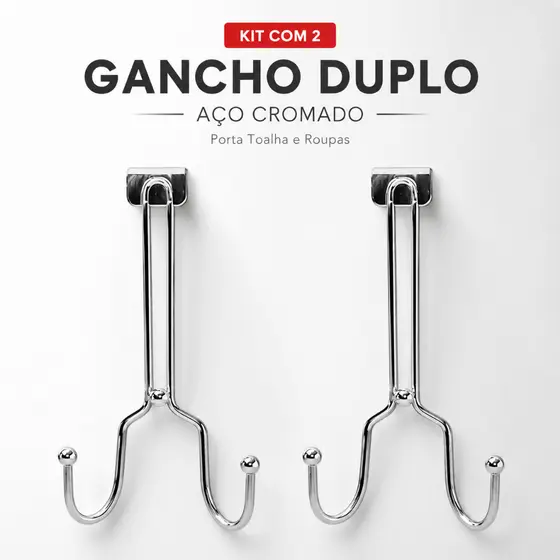 Kit 2 Gancho Duplo Para Porta Aço Cromado Cabideiro Multiuso Porta Toalha Roupas Bolsa Sem Furo