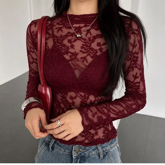 Blusa De Renda Manga Longa Transparente Feminina Sem Top Moda Tule Elegante Festa Mulher Outono