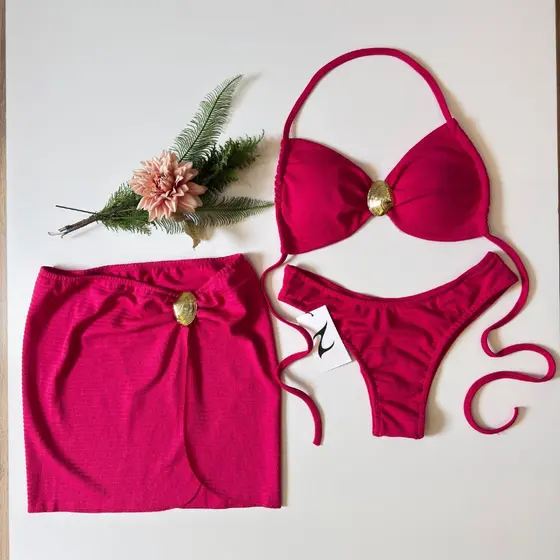 Kit Biquini Com Saia 3 Peças Concha Moda Praia Feminina Tamanho GG  Com Bojo Envio Imediato