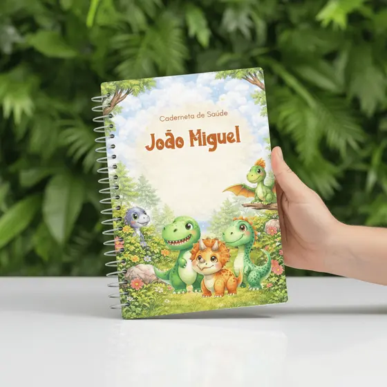 Caderneta de Vacinação Dinossauro Menino Personalizada com Nome Bebê Capa Dura