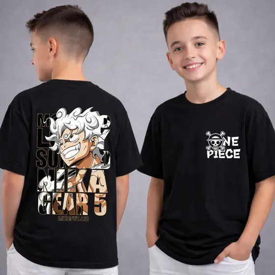 Camiseta Infantil One Piece 100% Algodão Blusa Juvenil Luffy Gear 5 Anime Menino