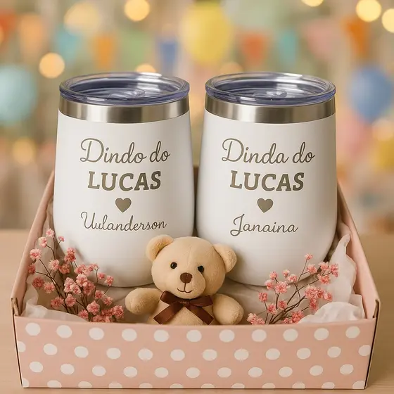 Copo Térmico Personalizado a Laser ou Kit 2 Copos Convite Padrinho Madrinha Dindo Dinda Lembrança Batizado 360ml 473ml