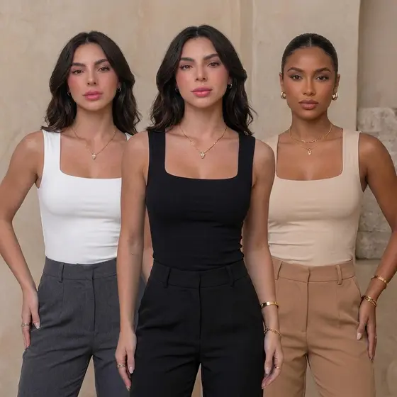 Regata Feminina Decote Quadrado Alça Larga Blusa Básica Suplex Premium Confortável Elegante Casual