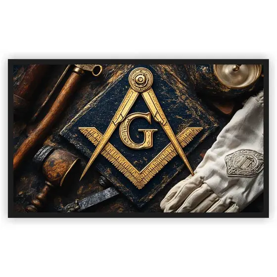 Quadro Decorativo Maçonaria  Esquadro E Compasso Para Salas Templos Interiores Com Moldura Grande Preta Gg