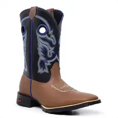 Texana em Couro Legítimo Preto/Café com Bordado Azul e Prata Estilo, Conforto Premium e Durabilidade