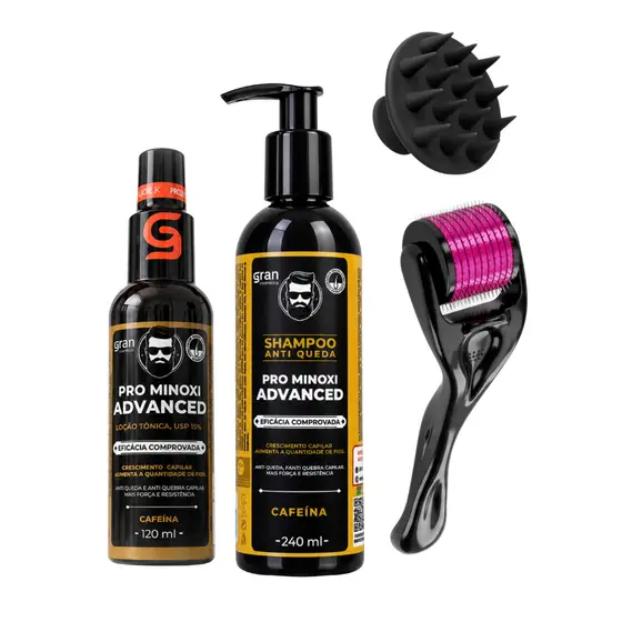 Kit Shampoo Antiqueda + Tônico Crescimento Capilar Pro Minoxi + Escova Massageadora + Derma Roller