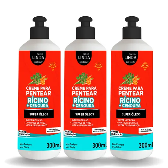 Kit 3 Cremes para Pentear Rícino + Cenoura 300ml  Ultra Brilho e Nutrição Para os Cabelos Sallon Linda