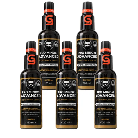 Kit 5 Pro Minoxi Advanced 120ml Tônico Antiqueda Estimula Crescimento de Cabelo Barba e Sobrancelhas