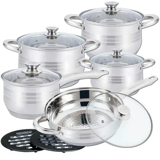 Jogo de Panelas 19 Peças Aço Inox Original + Acessórios com Fundo 9 Camadas Indução e Gás