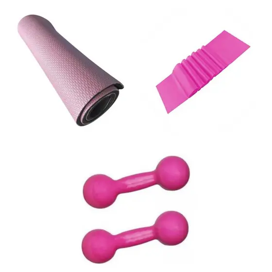 Kit Completo Rosa 3kg – Halteres de Peso + Tapete Yoga Profissional + Faixa Elástica Intensa