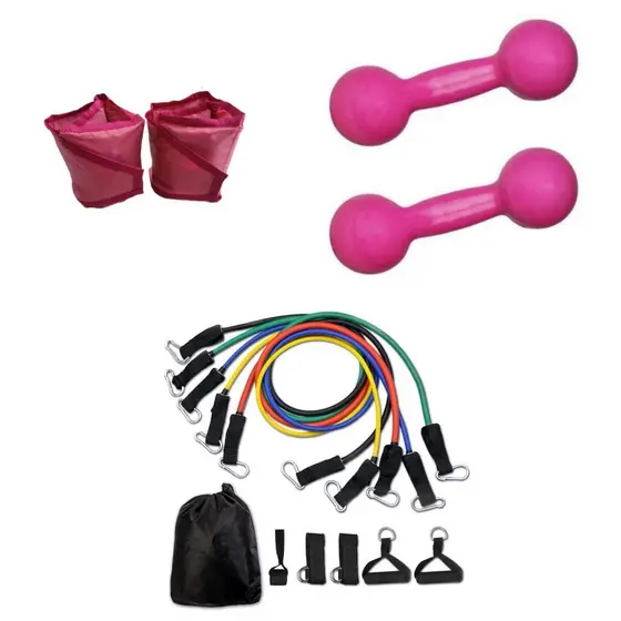 Kit Par De Halter Emborrachado 2Kg Rosa + Caneleira 2Kg Rosa + Kit De Elastico 11 Itens
