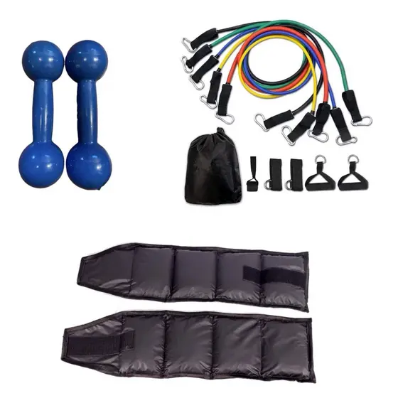 Kit De Halteres Emborrahados 2Kg Azul + Caneleira 2Kg + Kit De Elasticos 11 Itens