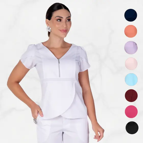 Blusa Scrub Feminino Transpassada Com Ziper e Elastano Uniforme Secretaria Casual Dia a Dia