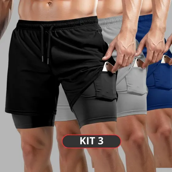 KIT 3 Bermuda Masculina Academia Shorts 2 em 1