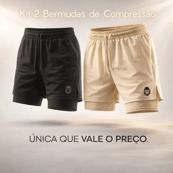 2 Bermudas 2 em 1 Linha premium Masculina Kong - Dry Com Forro de Compressão