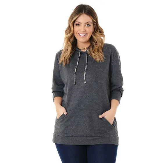 Blusa Casaco de Moletom Feminino Plus Size  Blusão Com Bolso Canguru e Capuz Moda Casual