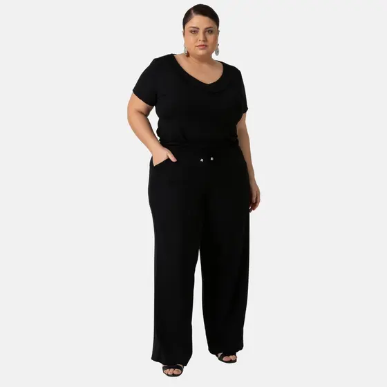 Conjunto Calça Pantalona e Blusa Decote V Moletinho Plus Size Moderna 1214-1215