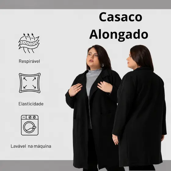 Casaco Sobretudo Alongado De Moletom Feminino Plus Size Elegante Inverno Com Bolsos