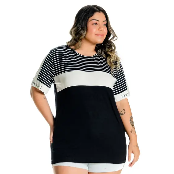 Blusa Camiseta Feminina Plus Size Listrada Preto e Branco Viscose Dia a Dia