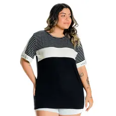 Blusa Camiseta Feminina Plus Size Listrada Preto e Branco Viscose Dia a Dia