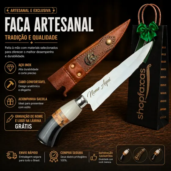 Faca Churrasco Personalizada Afiada Aço Inox com Nome Personalizado a Laser 7 Polegadas