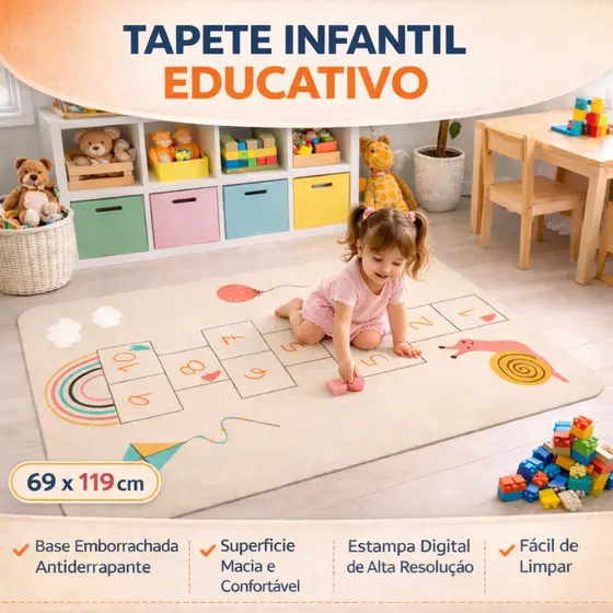 Tapete Infantil Educativo Antiderrapante 69x119cm Emborrachado Lavável Poliéster Quarto Bebê Criança Várias Estampas