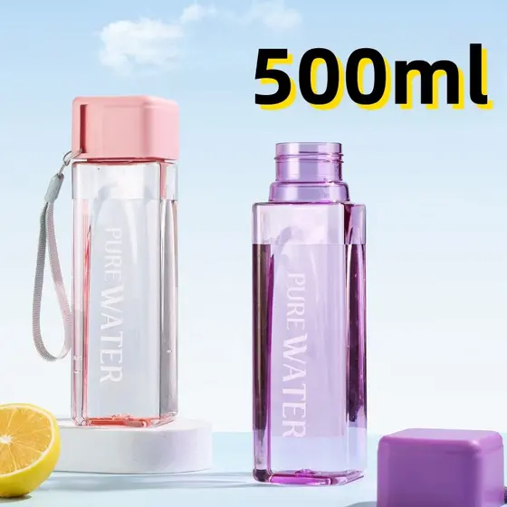 Garrafa Squeeze Plástica Quadrada 500ml Com Alça E Tampa Rosca Agua Suco E Bebidas Multiuso 19x5cm