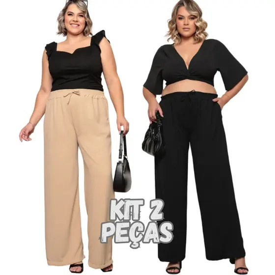 Kit 2 Calça Feminina Plus Size Pantalona de Amarrar