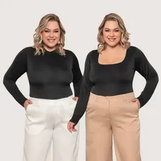 Body Feminino Plus Size Básico Gringa Manga Longa Suplex