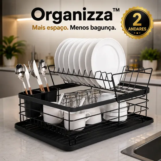 🏆 Escorredor de Louças Duplo 2 Andares Organizador de Pratos Copos Talheres Preto Fosco Resistente