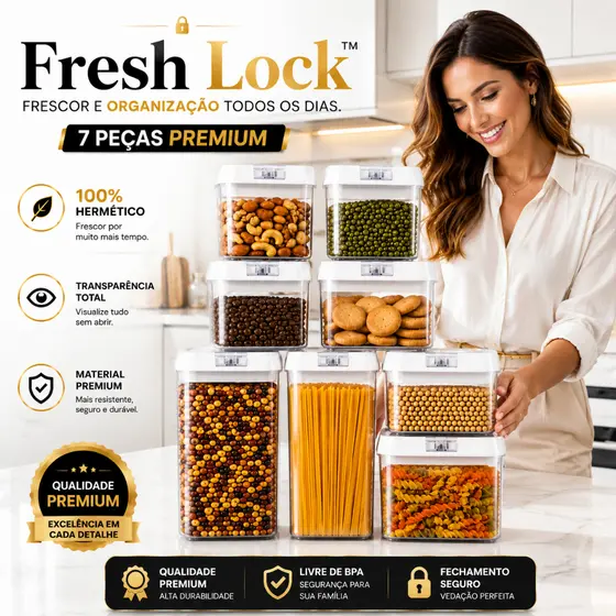 🏆Kit Potes Herméticos 7 Peças Acrílico Transparente Organizador Cozinha FreshLock™ Vedação Hermética Empilhável
